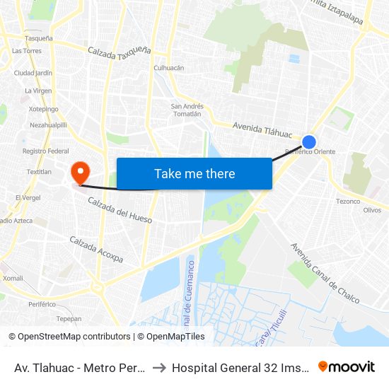 Av. Tlahuac - Metro Periférico Ote. to Hospital General 32 Imss Coyoacán map