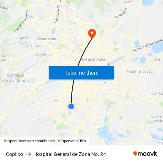 Copilco to Hospital General de Zona No. 24 map