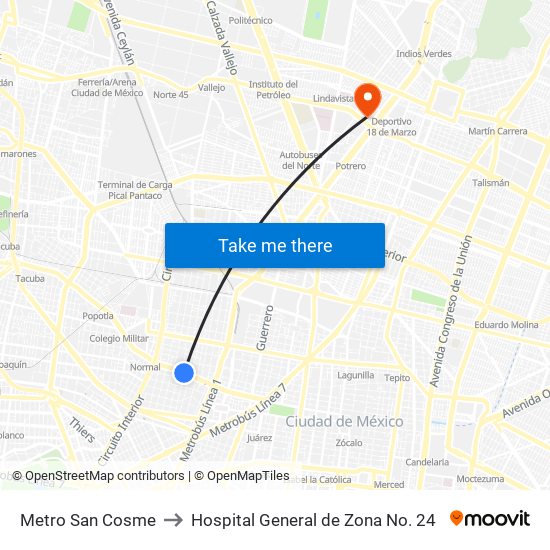 Metro San Cosme to Hospital General de Zona No. 24 map