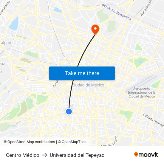 Centro Médico to Universidad del Tepeyac map