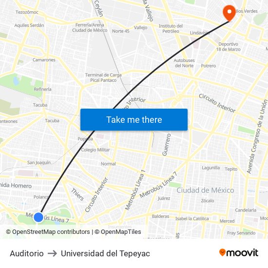 Auditorio to Universidad del Tepeyac map