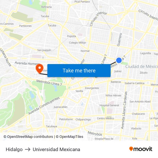 Hidalgo to Universidad Mexicana map