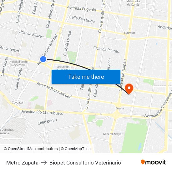 Metro Zapata to Biopet Consultorio Veterinario map