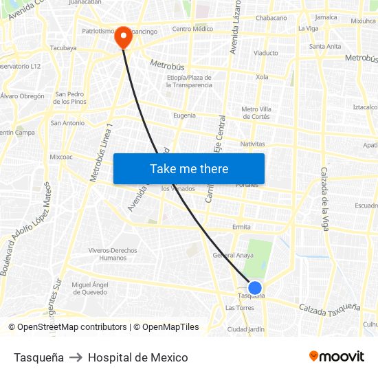 Tasqueña to Hospital de Mexico map