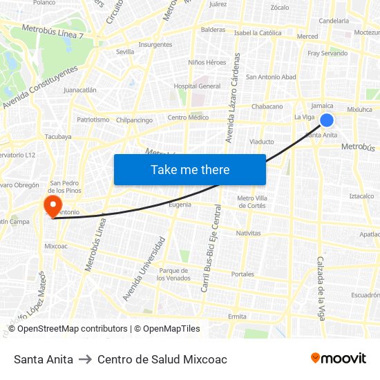Santa Anita to Centro de Salud Mixcoac map