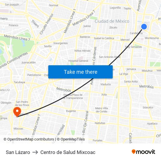 San Lázaro to Centro de Salud Mixcoac map