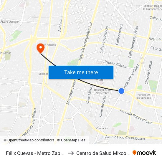 Félix Cuevas - Metro Zapata to Centro de Salud Mixcoac map