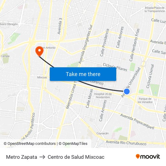 Metro Zapata to Centro de Salud Mixcoac map