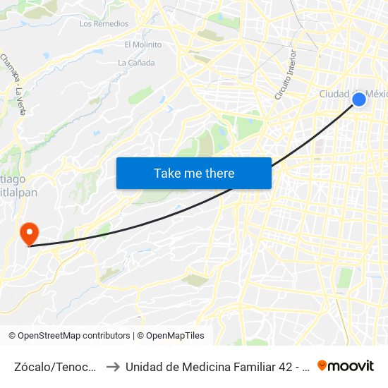 Zócalo/Tenochtitlán to Unidad de Medicina Familiar 42 - Imss Uma map