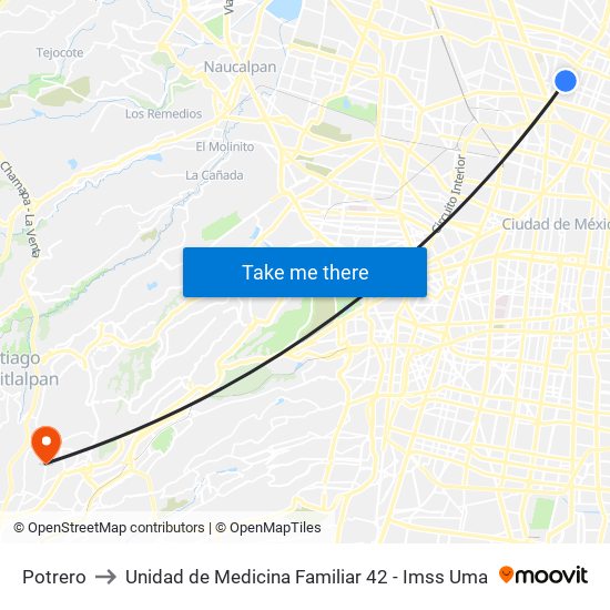 Potrero to Unidad de Medicina Familiar 42 - Imss Uma map