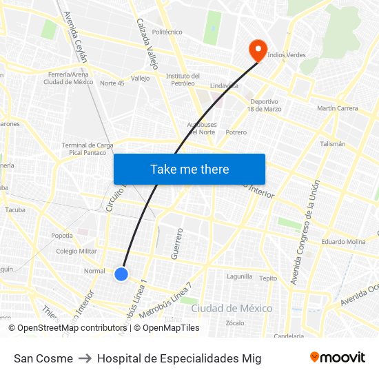 San Cosme to Hospital de Especialidades Mig map