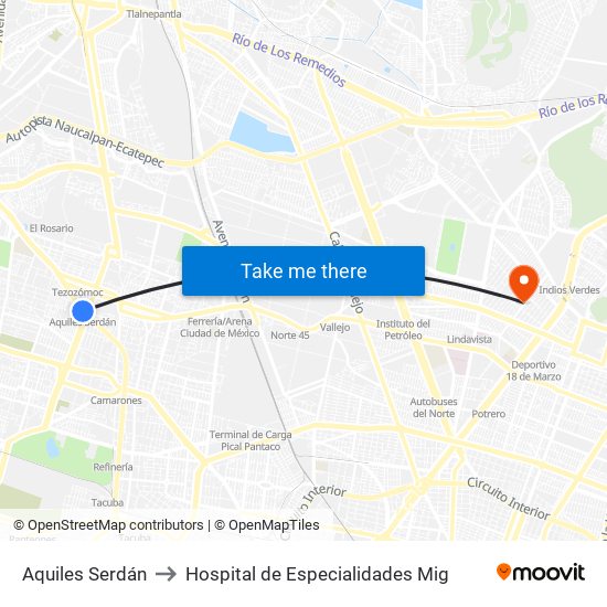 Aquiles Serdán to Hospital de Especialidades Mig map