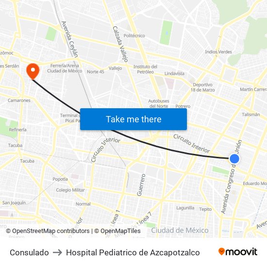 Consulado to Hospital Pediatrico de Azcapotzalco map