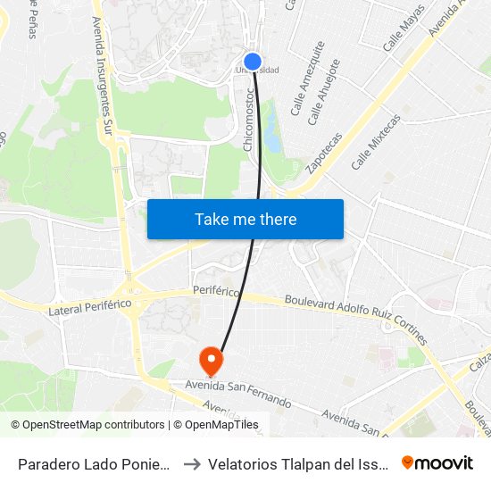 Paradero Lado Poniente to Velatorios Tlalpan del Issste map