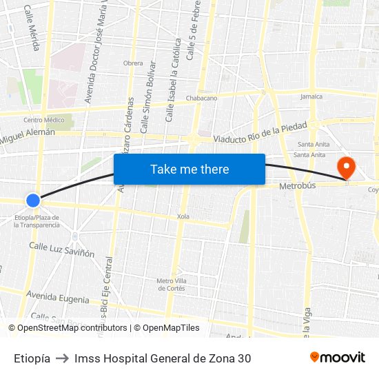 Etiopía to Imss Hospital General de Zona 30 map