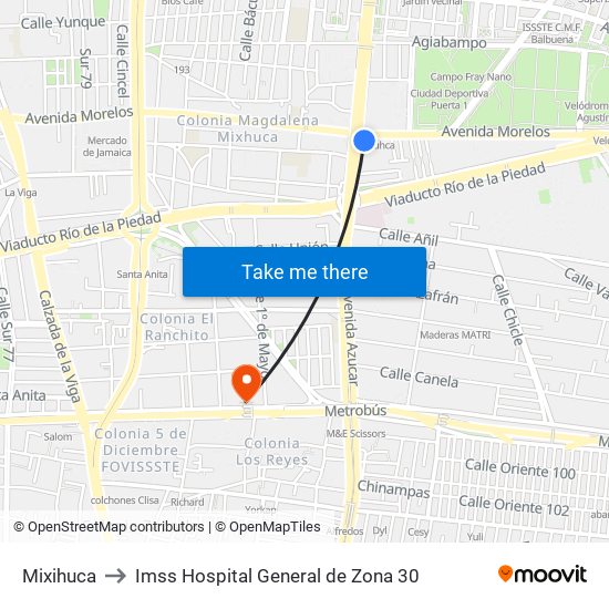 Mixihuca to Imss Hospital General de Zona 30 map