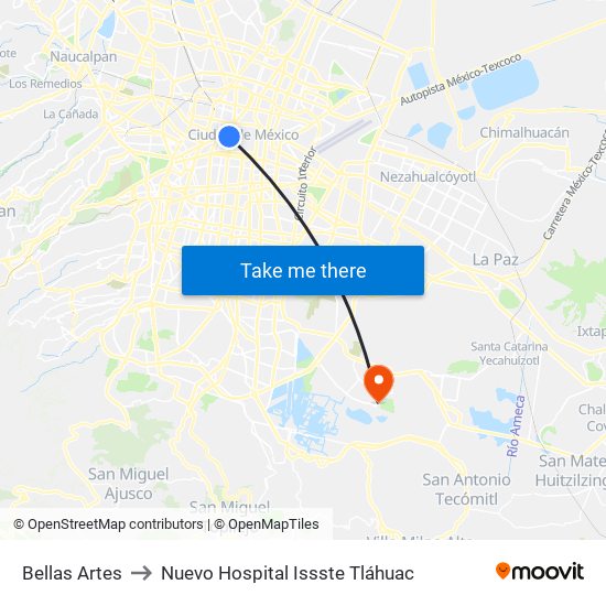 Bellas Artes to Nuevo Hospital Issste Tláhuac map