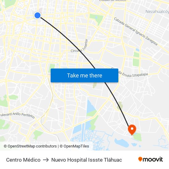 Centro Médico to Nuevo Hospital Issste Tláhuac map