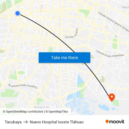 Tacubaya to Nuevo Hospital Issste Tláhuac map