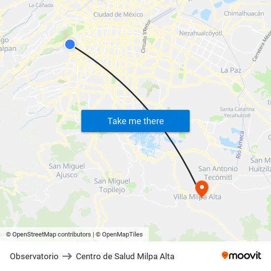 Observatorio to Centro de Salud Milpa Alta map
