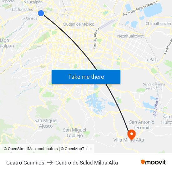 Cuatro Caminos to Centro de Salud Milpa Alta map