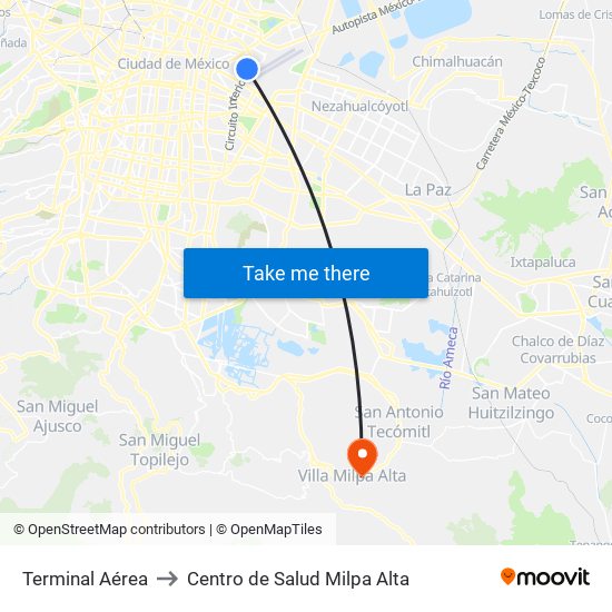 Terminal Aérea to Centro de Salud Milpa Alta map