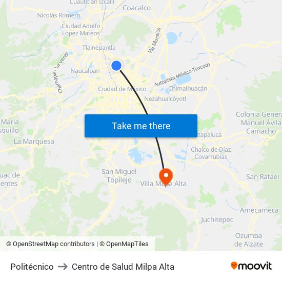Politécnico to Centro de Salud Milpa Alta map