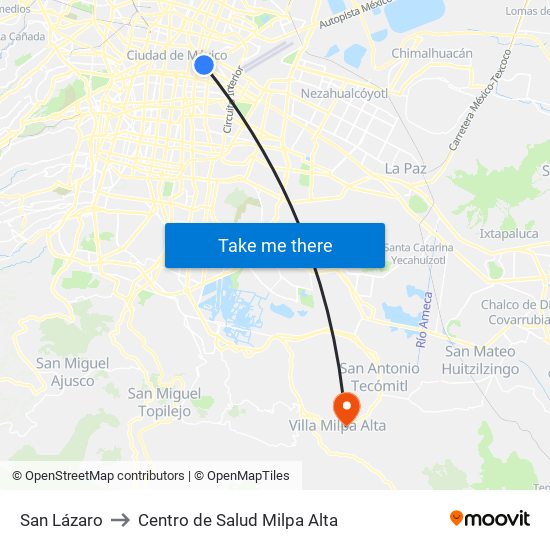 San Lázaro to Centro de Salud Milpa Alta map