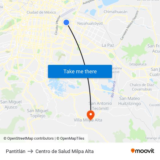 Pantitlán to Centro de Salud Milpa Alta map
