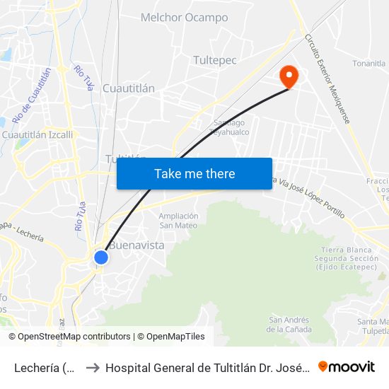 Lechería (Mexibús) to Hospital General de Tultitlán Dr. José Severiano Reyes Brito map