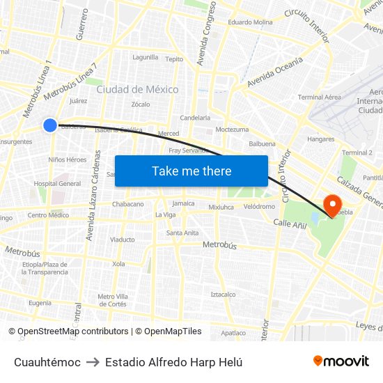 Cuauhtémoc to Estadio Alfredo Harp Helú map