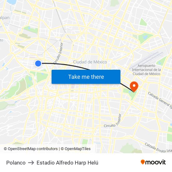 Polanco to Estadio Alfredo Harp Helú map