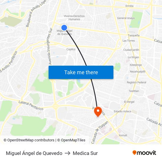 Miguel Ángel de Quevedo to Medica Sur map