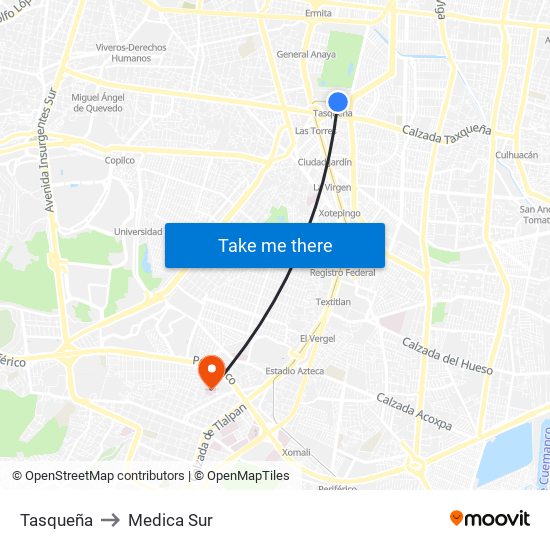 Tasqueña to Medica Sur map