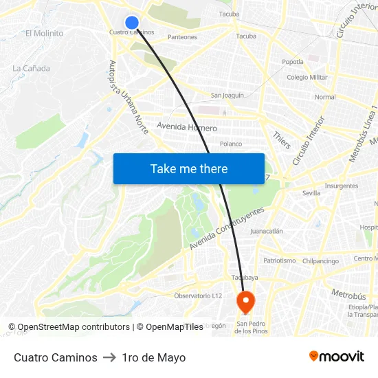 Cuatro Caminos to 1ro de Mayo map