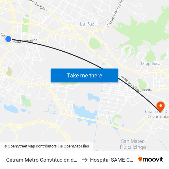 Cetram Metro Constitución de 1917 to Hospital SAME Chalco map