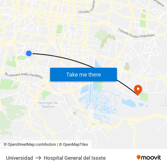 Universidad to Hospital General del Issste map