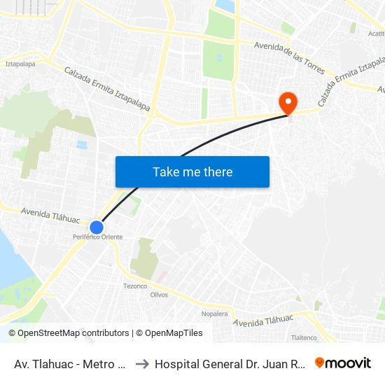Av. Tlahuac - Metro Periférico Ote. to Hospital General Dr. Juan Ramón de la Fuente map