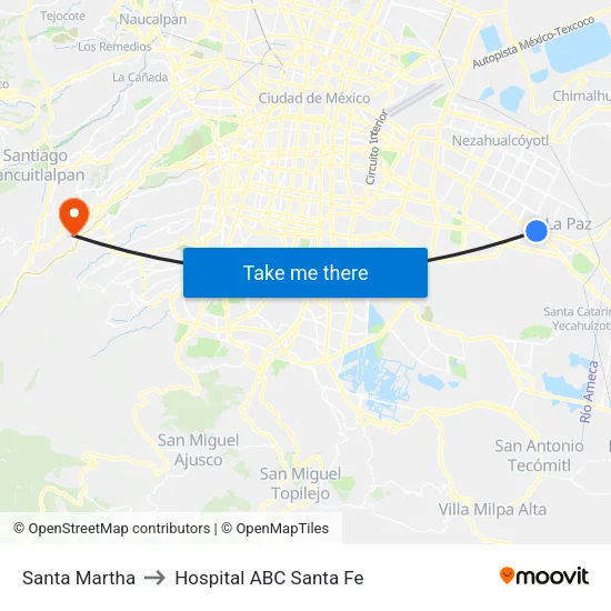 Santa Martha to Hospital ABC Santa Fe map