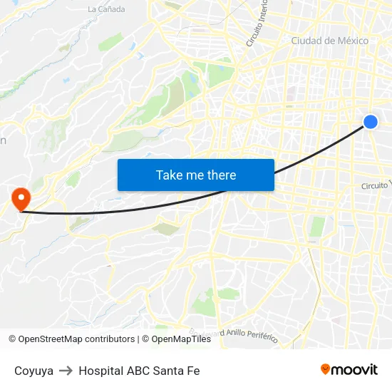 Coyuya to Hospital ABC Santa Fe map