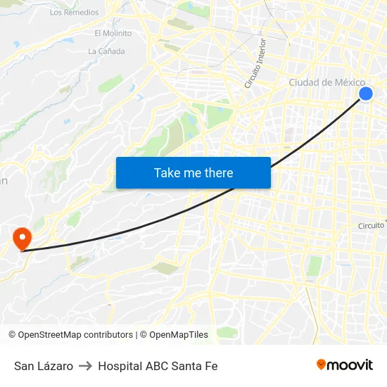 San Lázaro to Hospital ABC Santa Fe map