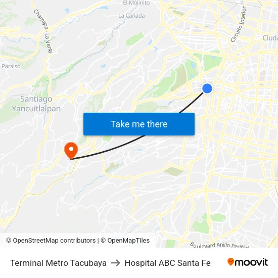 Terminal Metro Tacubaya to Hospital ABC Santa Fe map