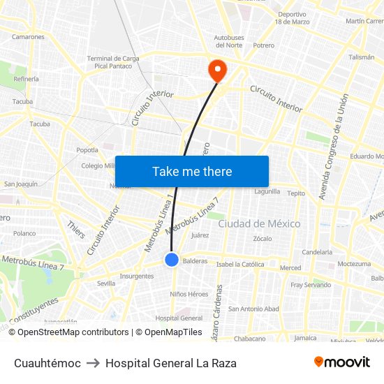 Cuauhtémoc to Hospital General La Raza map