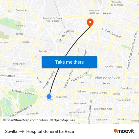 Sevilla to Hospital General La Raza map