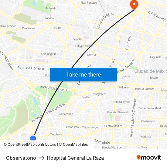 Observatorio to Hospital General La Raza map