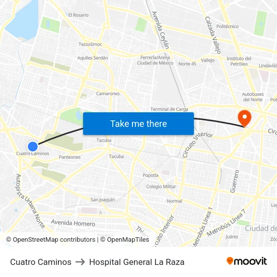 Cuatro Caminos to Hospital General La Raza map