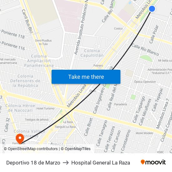 Deportivo 18 de Marzo to Hospital General La Raza map