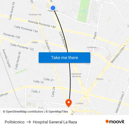 Politécnico to Hospital General La Raza map