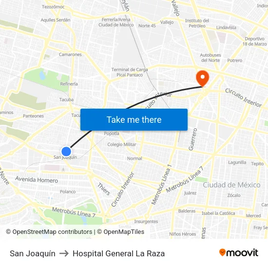 San Joaquín to Hospital General La Raza map