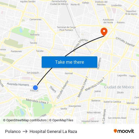 Polanco to Hospital General La Raza map